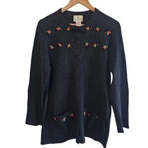 Vintage Susan Bristol Cardigan Women XL Black Floral Preppy Whimsygoth Glam Wool